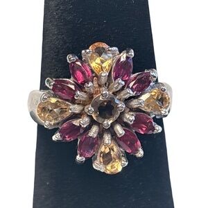 Vibrant Floral Gemstone Ring in Pink and Yellow 925 sterling silver Size 9